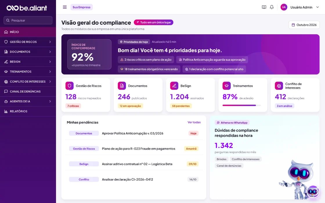 Plataforma Compliance da Be.Aliant: visão geral com índice de conformidade, riscos, documentos e treinamentos
