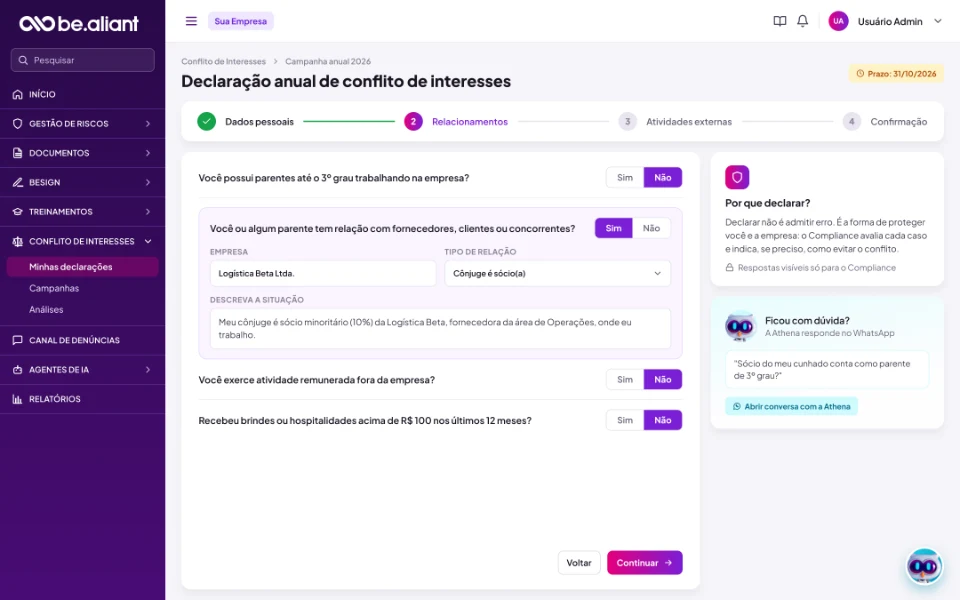 Declaração anual de conflito de interesses em etapas