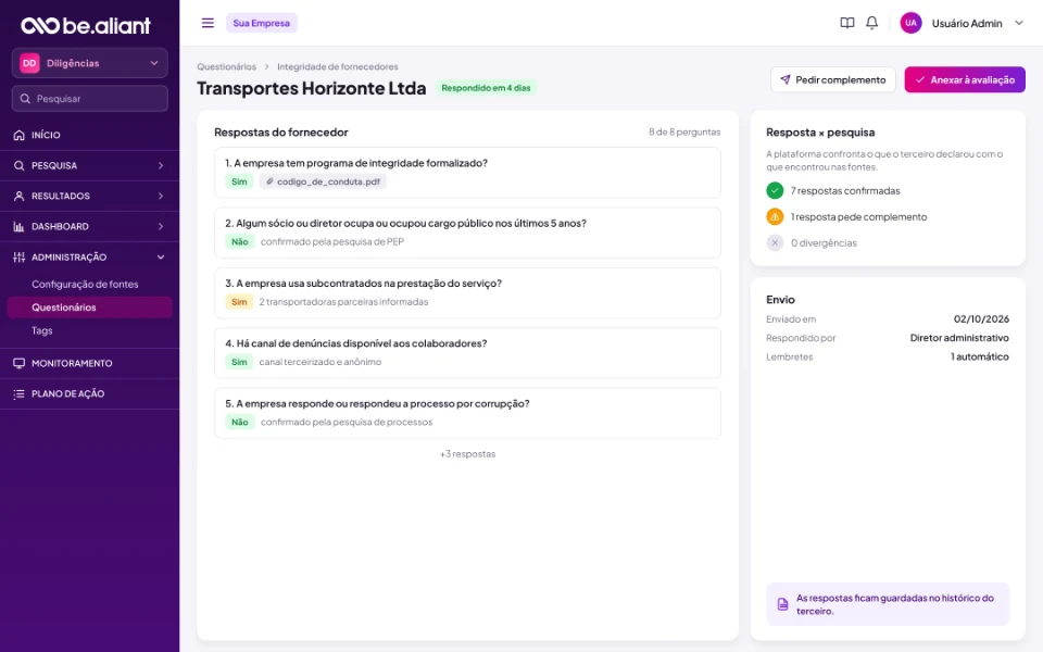Questionário respondido pelo fornecedor e confrontado com a pesquisa