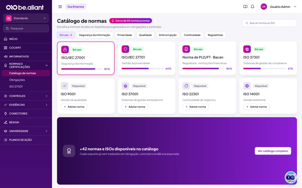 Catálogo de normas e ISOs com o andamento de cada certificação